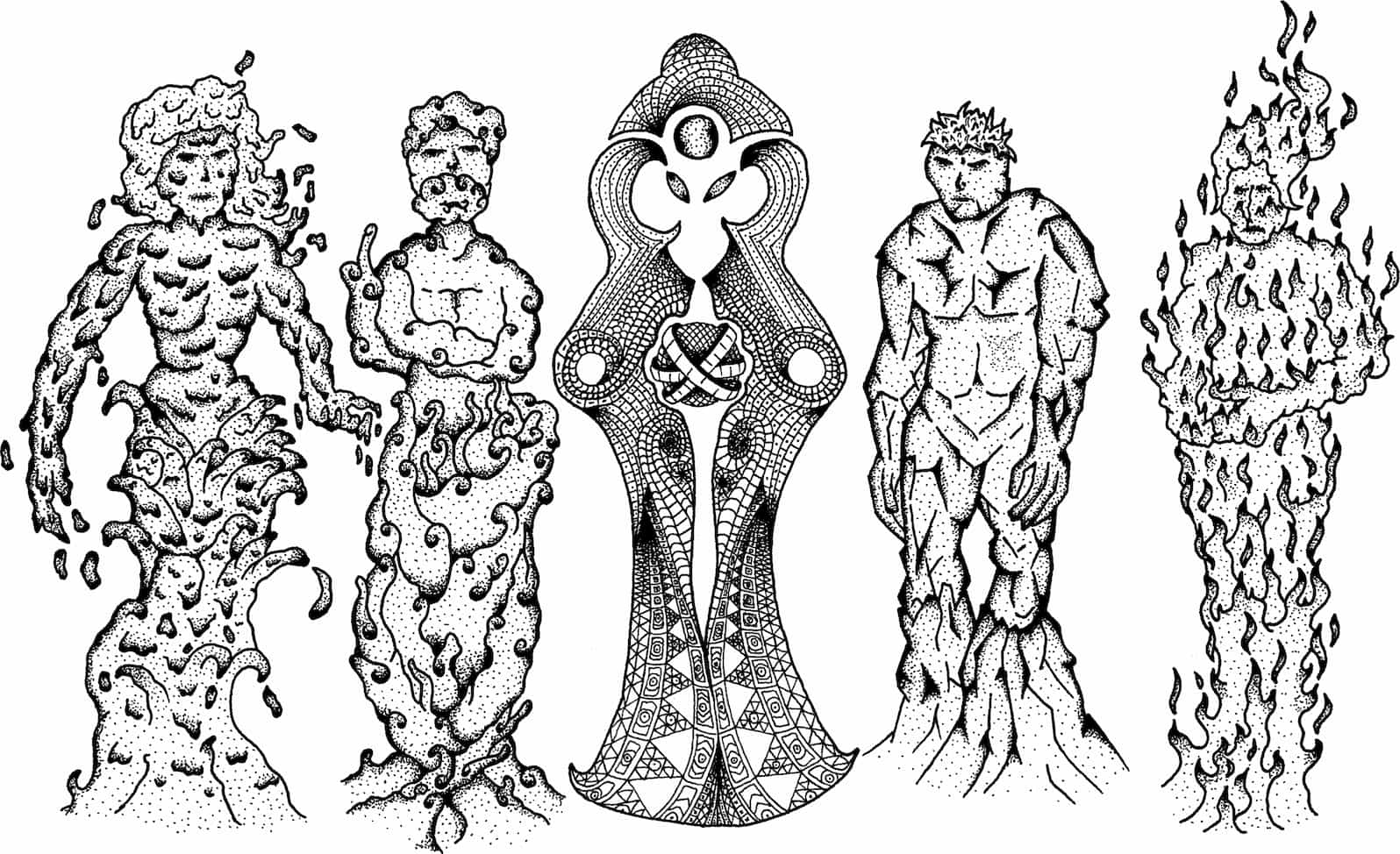 Elemental beings illustration for Blind Coyote Games - Water, fire, earth, wind elementals with geometric Marut