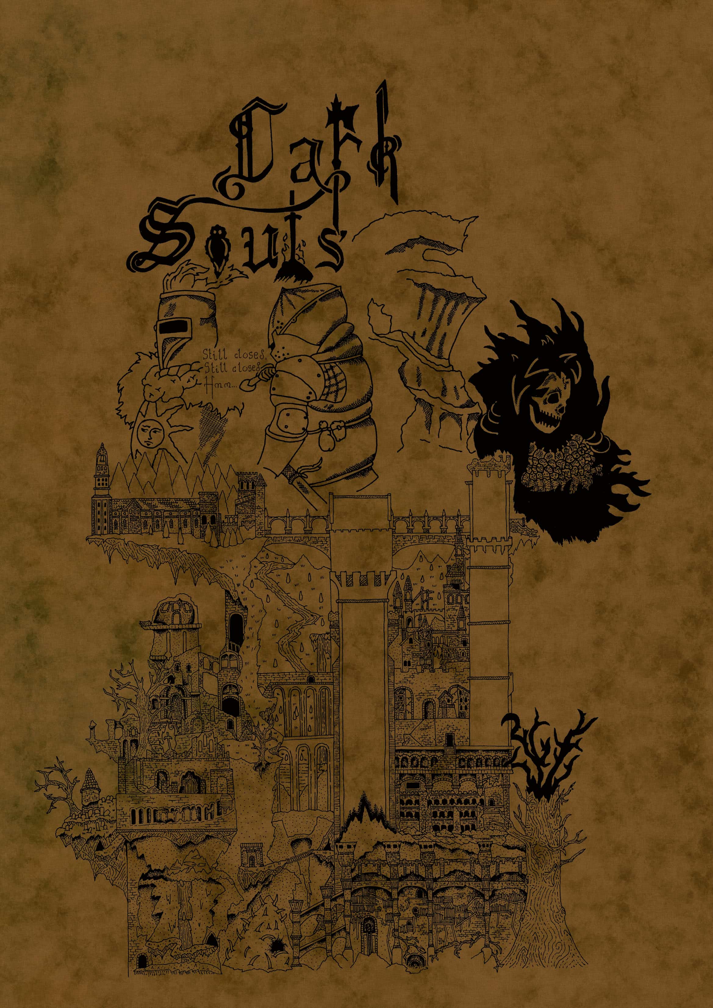 Part 1 of 3 of Dark Souls map - horror, gothic, dark fantasy cartography and mapmaking of the Dark Souls videogame