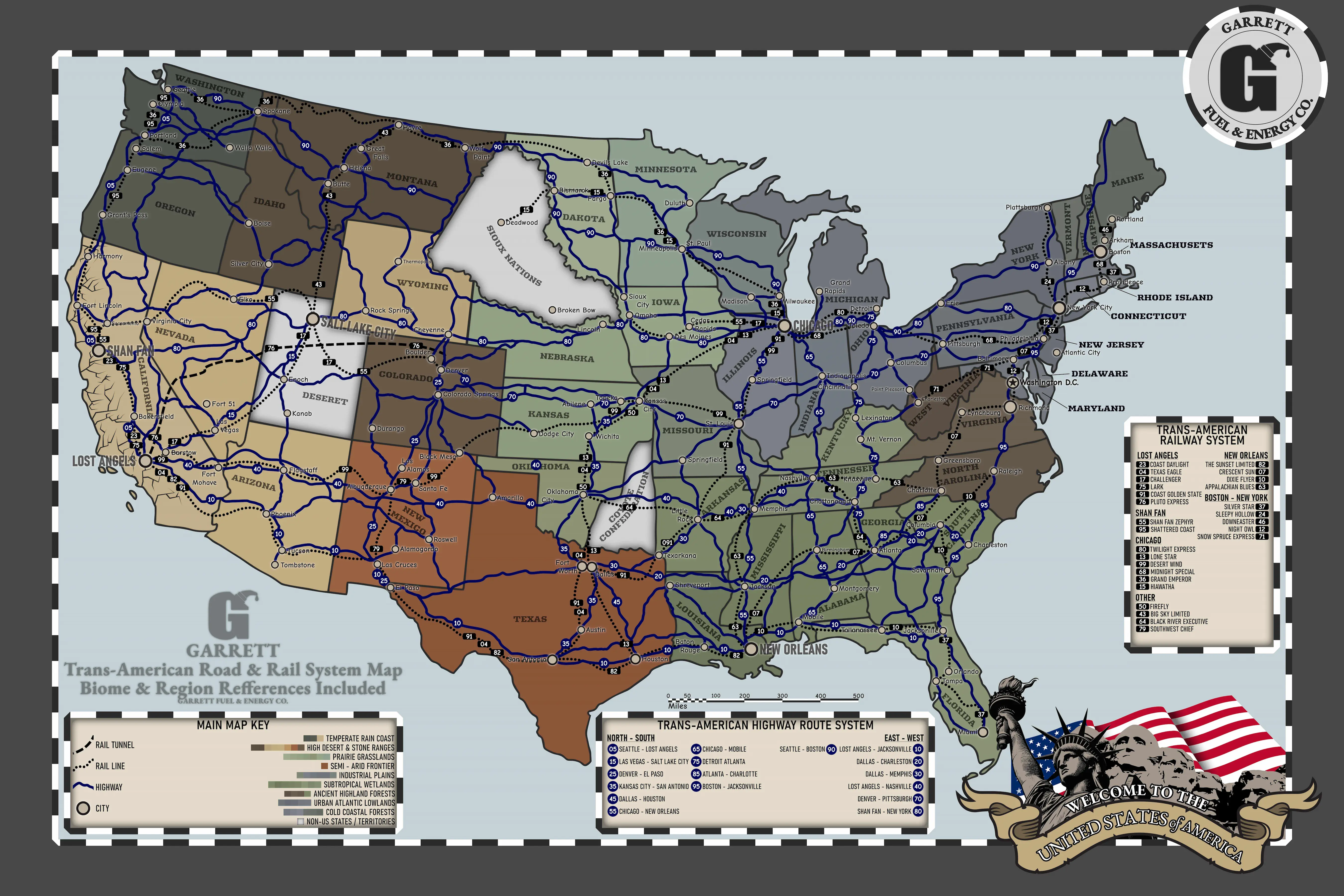 An alternate timeline map for the Deadlands RPG game made in vector software, combining both Deadlands: Noir and Deadlands: Weird West timelines and maps. - Deadlands map made by TA Maps